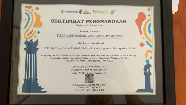 Desa Keboireng sebagai 10 Desa sehat terbaik dalam penyelenggaraan kabupaten sehat